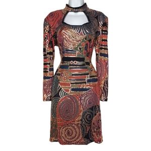 VTG JANINE Italy Colorful Metallic Mosaic Print Keyhole Cocktail Dress Large